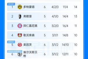 德甲积分榜:多特先赛1分领跑 埃尔沃斯贝格跻身前6 拜仁即将出战